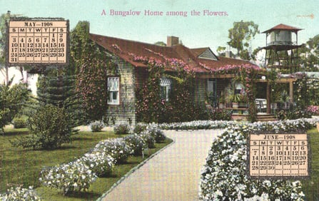 Postcard showing a beautiful Bungalow Home among the Flowers in Los Angeles, California circa 1908.