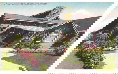 Postcard view of a charming California Bungalow Home with stone chimney and lush gardens, circa