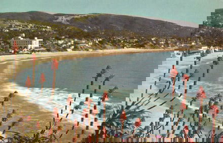 Postcard of Laguna Beach, California showing the coastline, ocean waves, and Hotel Laguna c. 1950s