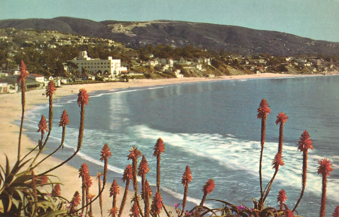 Postcard of Laguna Beach, California showing the coastline, ocean waves, and Hotel Laguna c. 1950s (1 of 2)
