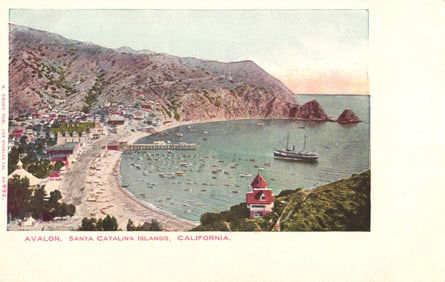 Postcard of Avalon, Santa Catalina Islands, California showing the harbor, steamship, and pier,