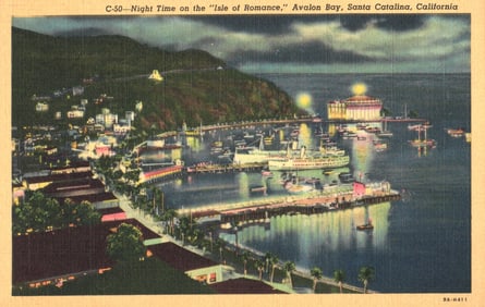 Postcard of Night Time on the 'Isle of Romance,' Avalon Bay, Santa Catalina, California c. 1940s