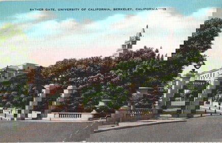 Postcard view of Sather Gate, entrance to the University of California, Berkeley, California c.1940s
