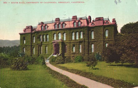 Postcard showing the ivy-covered South Hall at the University of California in Berkeley, California.
