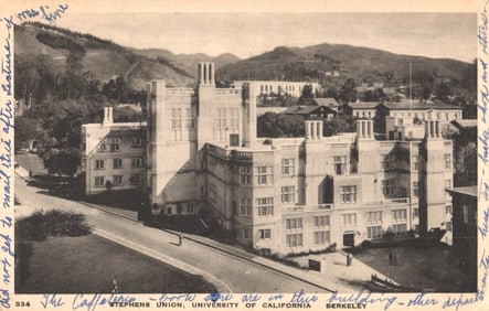 Postcard showing Stephens Union building on the University of California Berkeley campus, c. 1930s