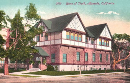 Postcard of the Home of Truth building with its unique Tudor architecture in Alameda, California