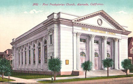 Postcard showing the First Presbyterian Church in Alameda, California with its Neoclassical facade