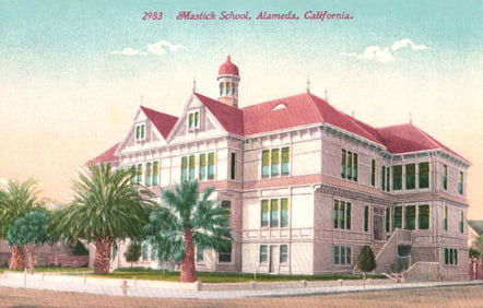 Postcard of the Mastick School building with palm trees in Alameda, California, early 1900s view.