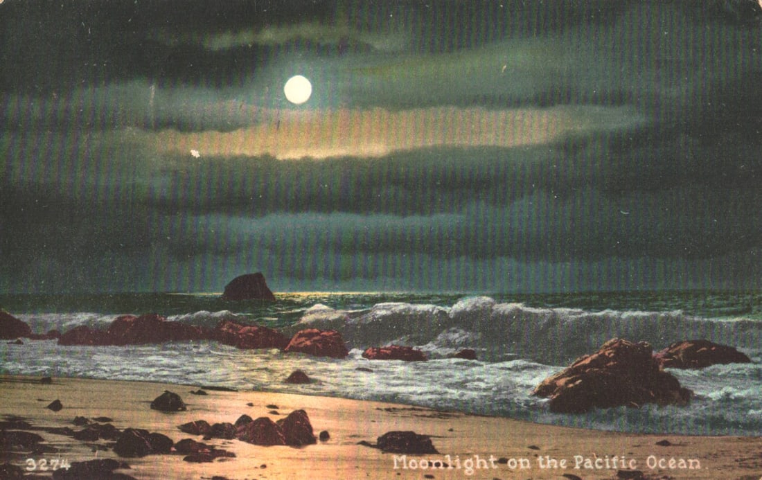 Postcard showing Moonlight on the Pacific Ocean, a dramatic night view of a rocky California beach.: You are bidding on an original postcard and not a reprint. Please view photos for further description and condition considerations. Please know the scans may be darker or lighter than the actual item'