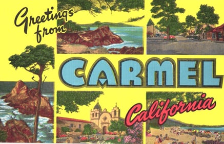 Large letter Greetings from Carmel, California postcard with views of the Mission and beach circa