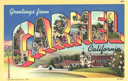 Linen postcard showing Greetings from Carmel, California with views of the Mission and beach, circa