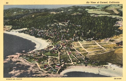 Linen postcard aerial view of Carmel, California on the Monterey Peninsula, showing the sandy beach.