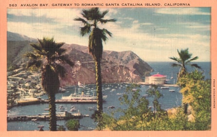 Postcard showing an elevated view of Avalon Bay on scenic Santa Catalina Island, California c. 1950s