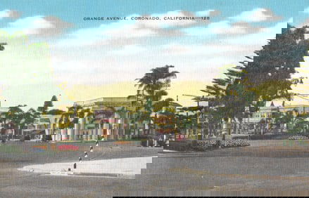 Linen Postcard showing the storefronts and classic cars along Orange Avenue in Coronado, California.