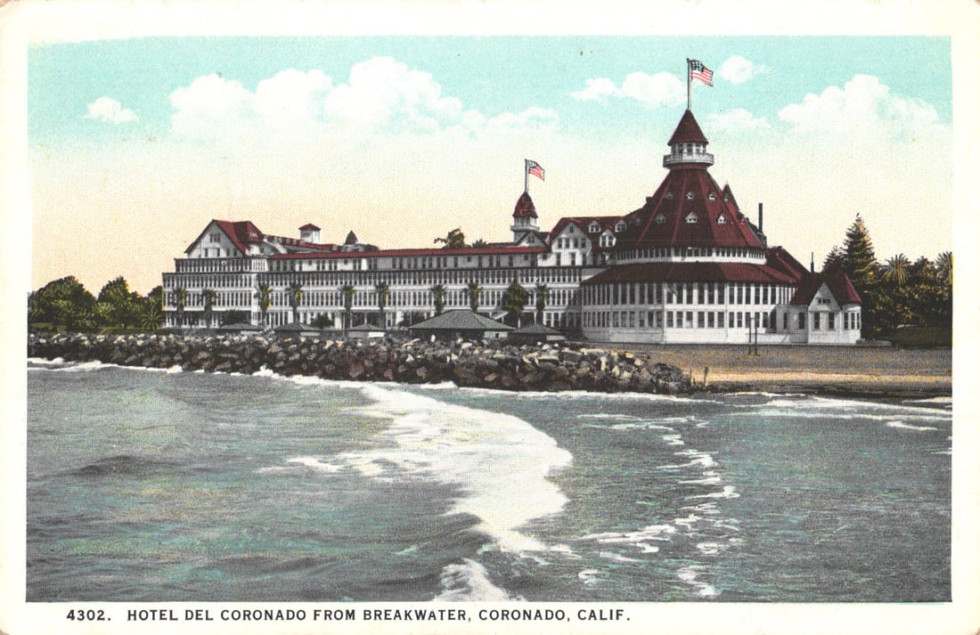 Postcard of the famous Hotel del Coronado viewed from the breakwater, Coronado, California c. 1920s (1 of 2)