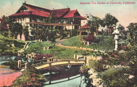 Postcard view of the scenic Japanese Tea Garden with bridge and stone lanterns in Coronado,