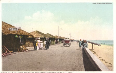 Postcard of the Palm Cottages and Ocean Boulevard at Coronado Tent City, California circa 1914.