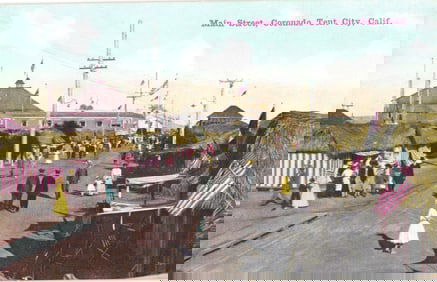 Postcard showing the bustling Main Street of the Coronado Tent City, Coronado, California c. 1910s.