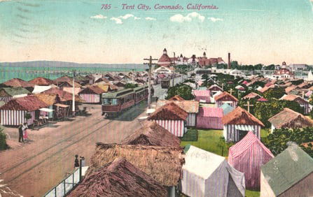 Postcard of the Tent City resort in Coronado, California showing the trolley and Hotel del Coronado.