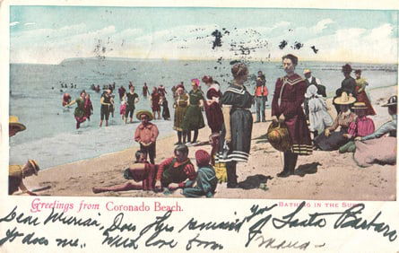 Postcard depicting people in Edwardian era bathing suits enjoying the sun at Coronado Beach,