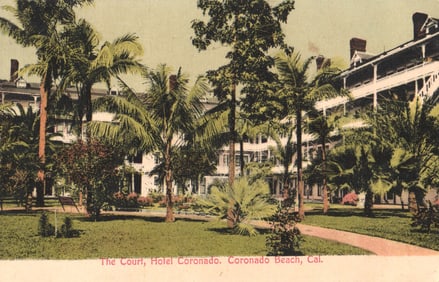 Postcard of the beautiful tropical gardens and courtyard at the Hotel Coronado, Coronado Beach,