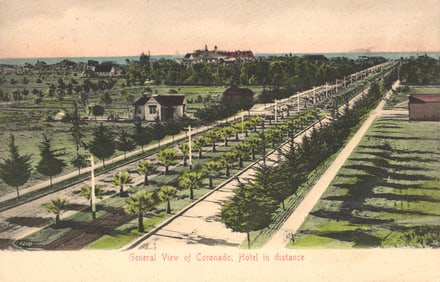 Postcard general view of a main avenue in Coronado, California with Hotel del Coronado, c. 1910s.