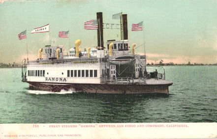 Postcard of the Perry Steamer 'Ramona' ferry operating between San Diego and Coronado, California.