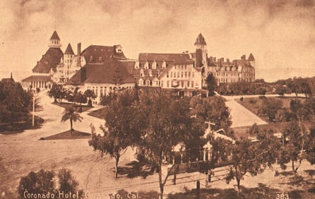 Sepia postcard showing the sprawling Coronado Hotel and grounds in Coronado, California. Early
