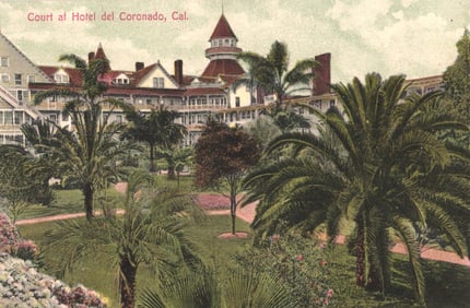 Postcard view of the lush court and gardens at the famous Hotel del Coronado in sunny California c.