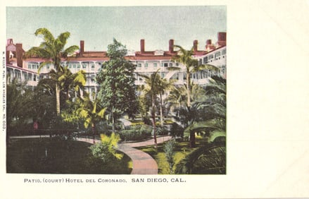 Postcard of the lush Patio Court at the famous Hotel del Coronado, San Diego, California, c. 1905