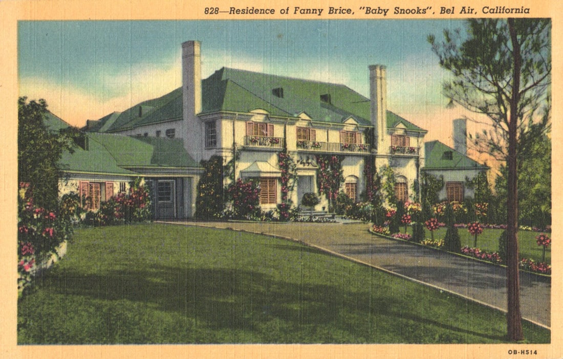 Linen postcard of the residence of Fanny Brice, "Baby Snooks," in Bel Air, California, circa 1940s (1 of 2)