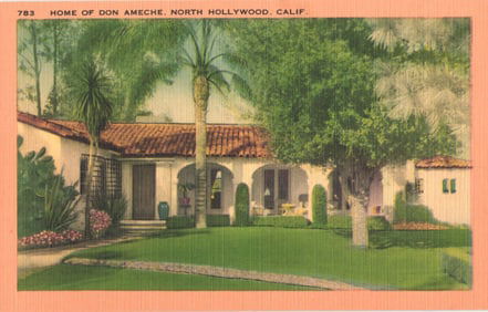 Postcard view of the Spanish-style home of actor Don Ameche in North Hollywood, California c. 1940s