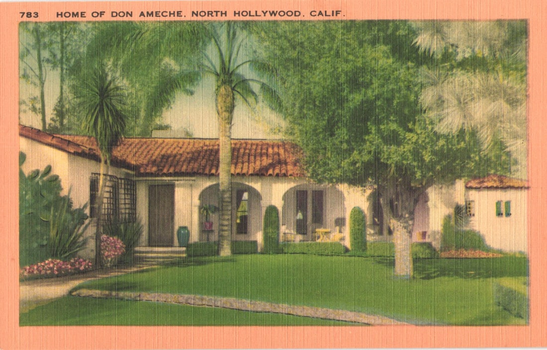 Postcard view of the Spanish-style home of actor Don Ameche in North Hollywood, California c. 1940s: You are bidding on an original postcard and not a reprint. Please view photos for further description and condition considerations. Please know the scans may be darker or lighter than the actual item'