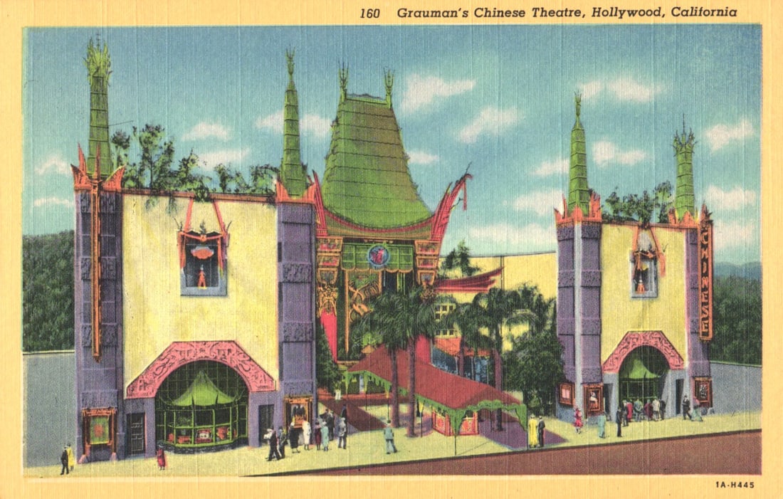 Linen Postcard showing Grauman's Chinese Theatre, a famous Hollywood, California landmark, c. 1930s (1 of 2)