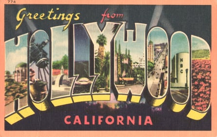 Greetings from Hollywood, California Large Letter Postcard with scenes of NBC and Chinese Theatre.
