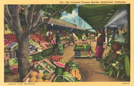 Linen postcard showing bustling stalls at The Original Farmers Market in Hollywood, California