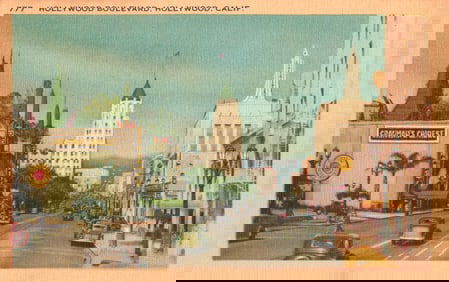 Postcard view of Hollywood Boulevard in Hollywood, California with Grauman's Chinese Theatre and