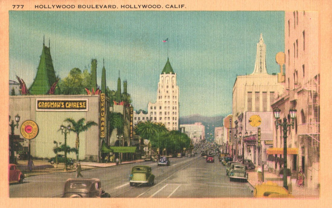 Postcard view of Hollywood Boulevard in Hollywood, California with Grauman's Chinese Theatre and (1 of 2)