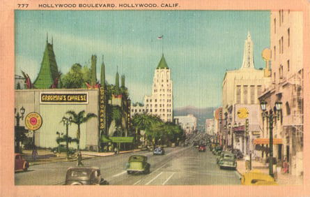 Postcard view of Hollywood Boulevard with Grauman's Chinese Theatre & 1940s cars, Hollywood,
