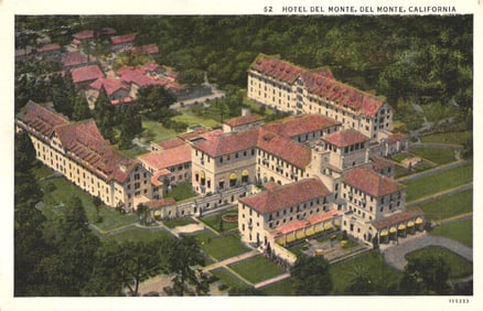Postcard showing an aerial view of the historic Hotel Del Monte in Monterey, California, c. 1930s.