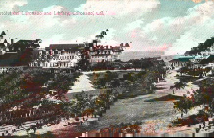 Postcard showing the iconic Hotel del Coronado and Library in Coronado, California circa 1908.