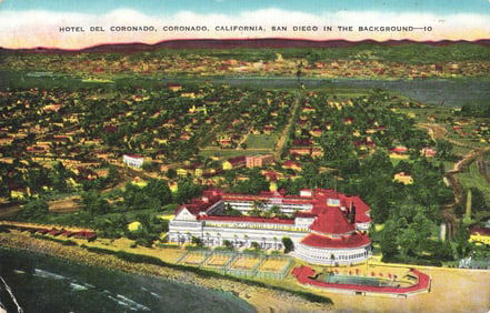 Postcard showing a scenic aerial view of the Hotel del Coronado, Coronado, California circa 1940s.
