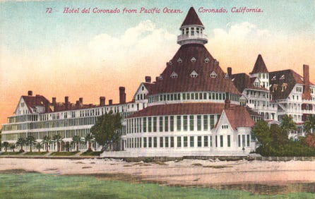 Postcard showing the famous Hotel del Coronado from the Pacific Ocean in Coronado, California c.