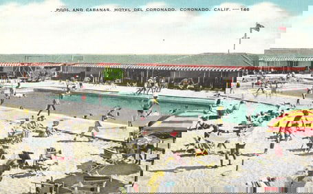 Postcard of the Pool and Cabanas at the Hotel Del Coronado in Coronado, California, circa 1940s.