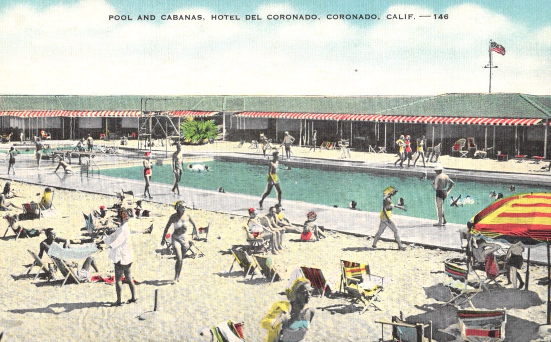 Postcard of the Pool and Cabanas at the Hotel Del Coronado in Coronado, California, circa 1940s. (1 of 2)