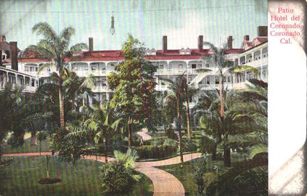 Postcard of the Hotel del Coronado's famous interior patio and gardens in sunny California, c. 1910s