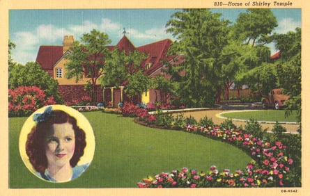 Linen Postcard showing the beautiful home of child movie star Shirley Temple in Los Angeles,