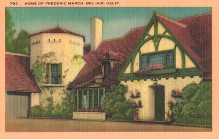 Linen postcard showing the Tudor Revival style home of actor Fredric March in Bel-Air, California