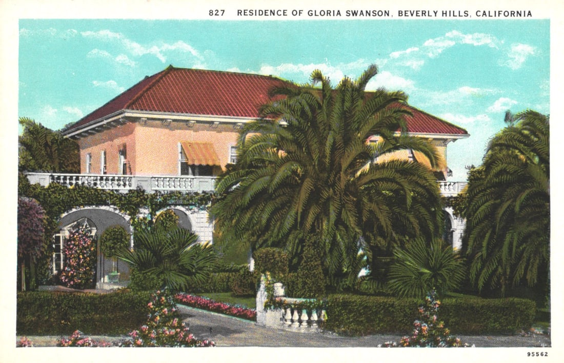 Postcard view of silent film star Gloria Swanson's home with lush gardens in Beverly Hills,: You are bidding on an original postcard and not a reprint. Please view photos for further description and condition considerations. Please know the scans may be darker or lighter than the actual item'