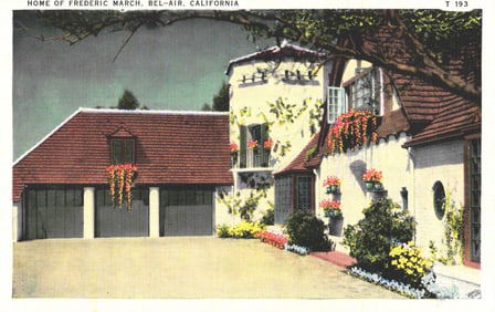 Postcard view of actor Frederic March's Tudor revival style home in Bel-Air, California, c. 1940s